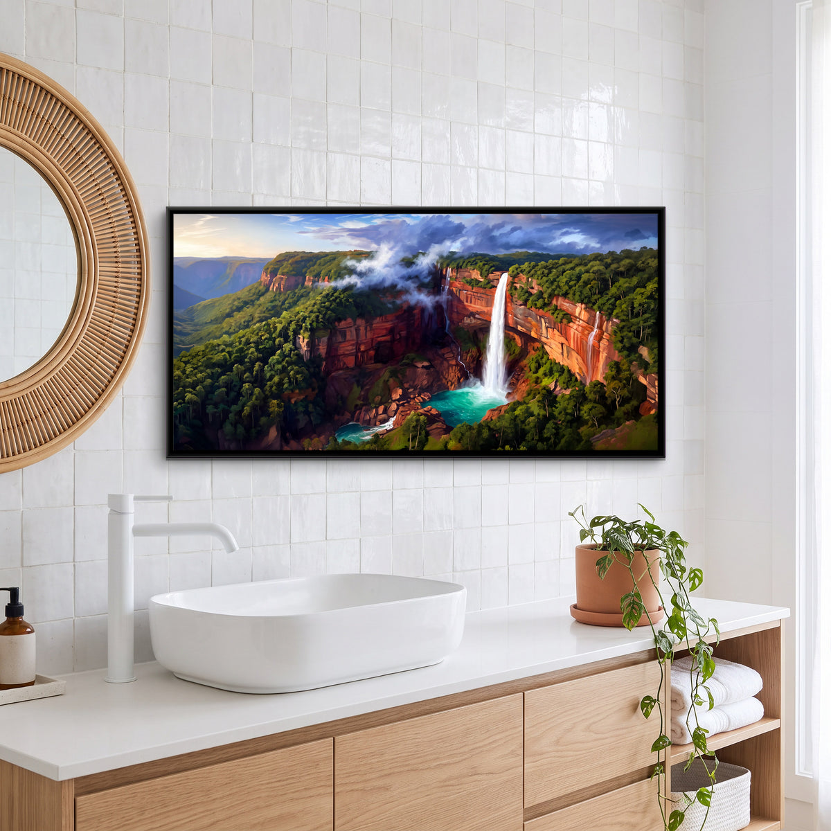 Cliff Waterfall and Turquoise Pool - canvas art shown in a styled room