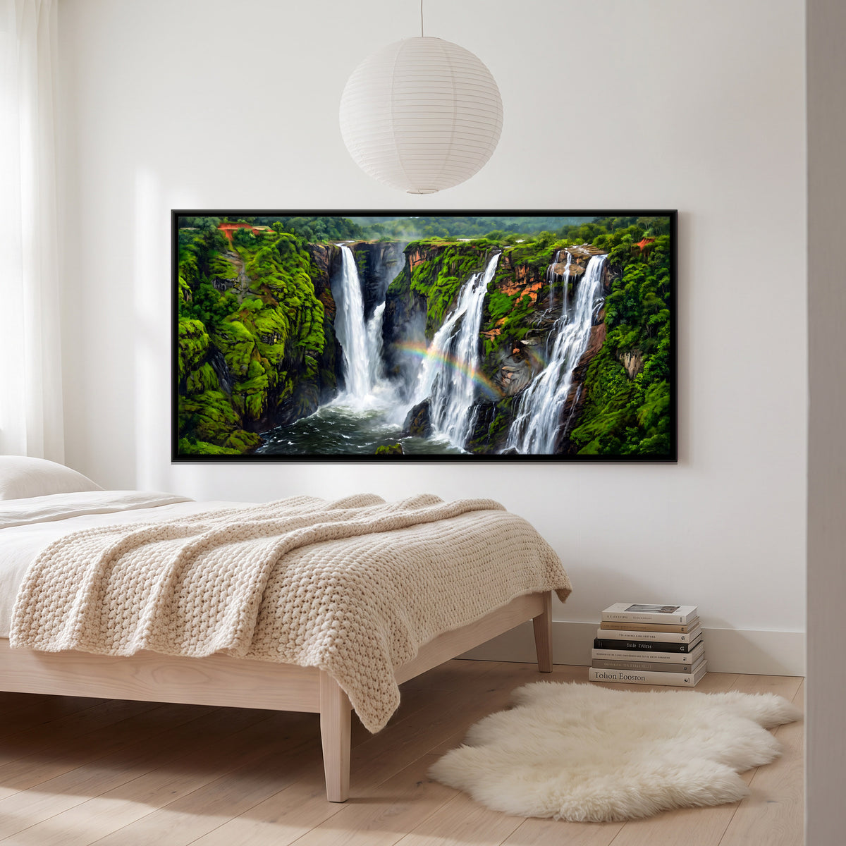 Four Falls in a Green Gorge - canvas art shown in a styled room