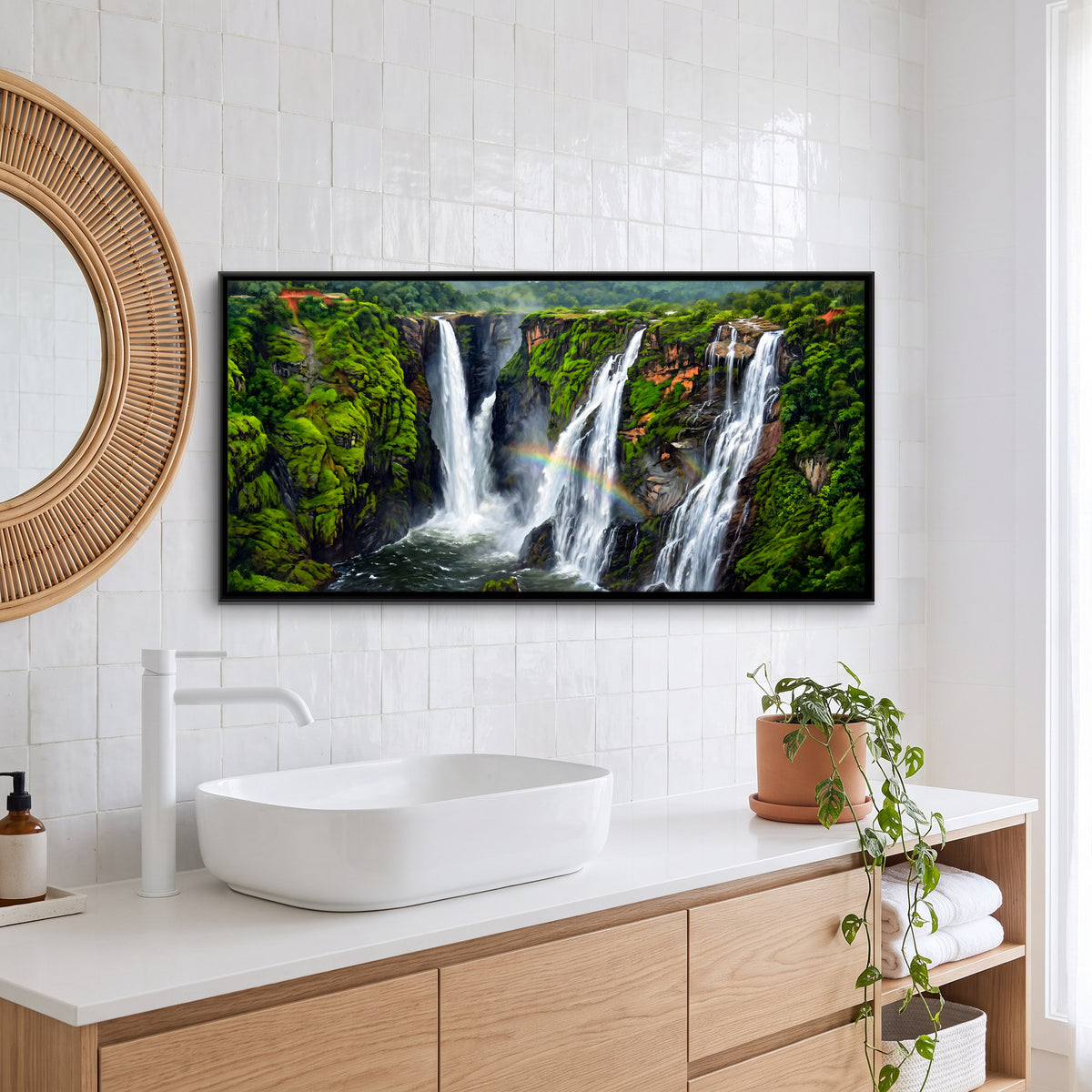 Four Falls in a Green Gorge - canvas art shown in a second room setting