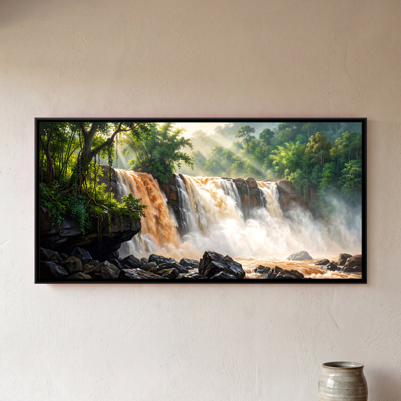 Monsoon Waterfall in the Jungle - framed canvas art hung on a wall