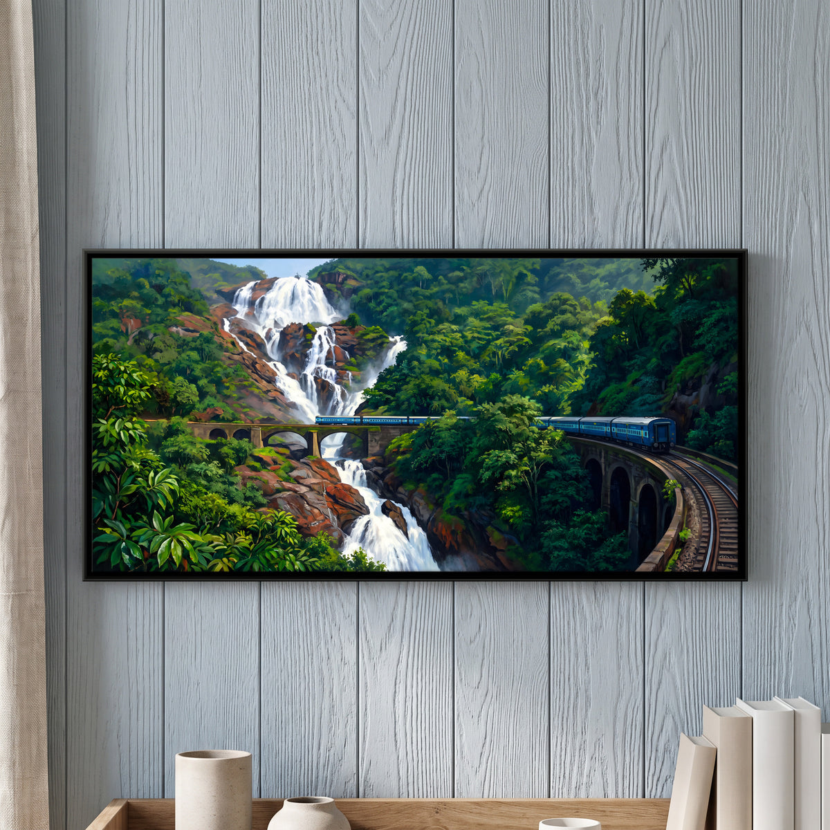 Train Crossing the Waterfall Bridge - framed canvas art hung on a wall