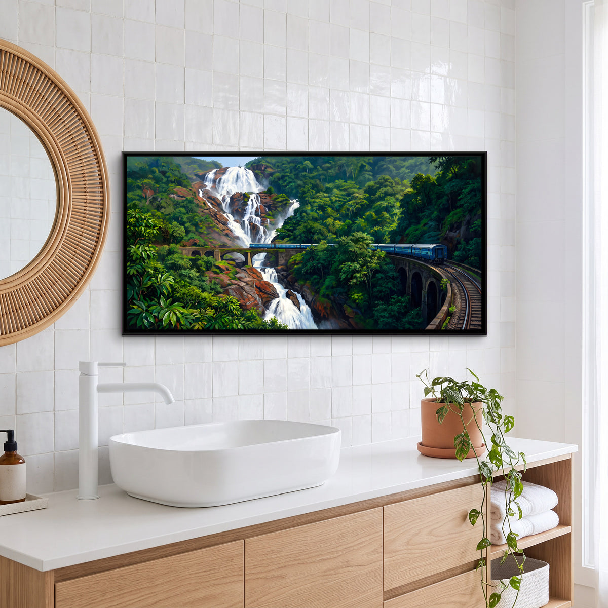 Train Crossing the Waterfall Bridge - canvas art shown in a styled room