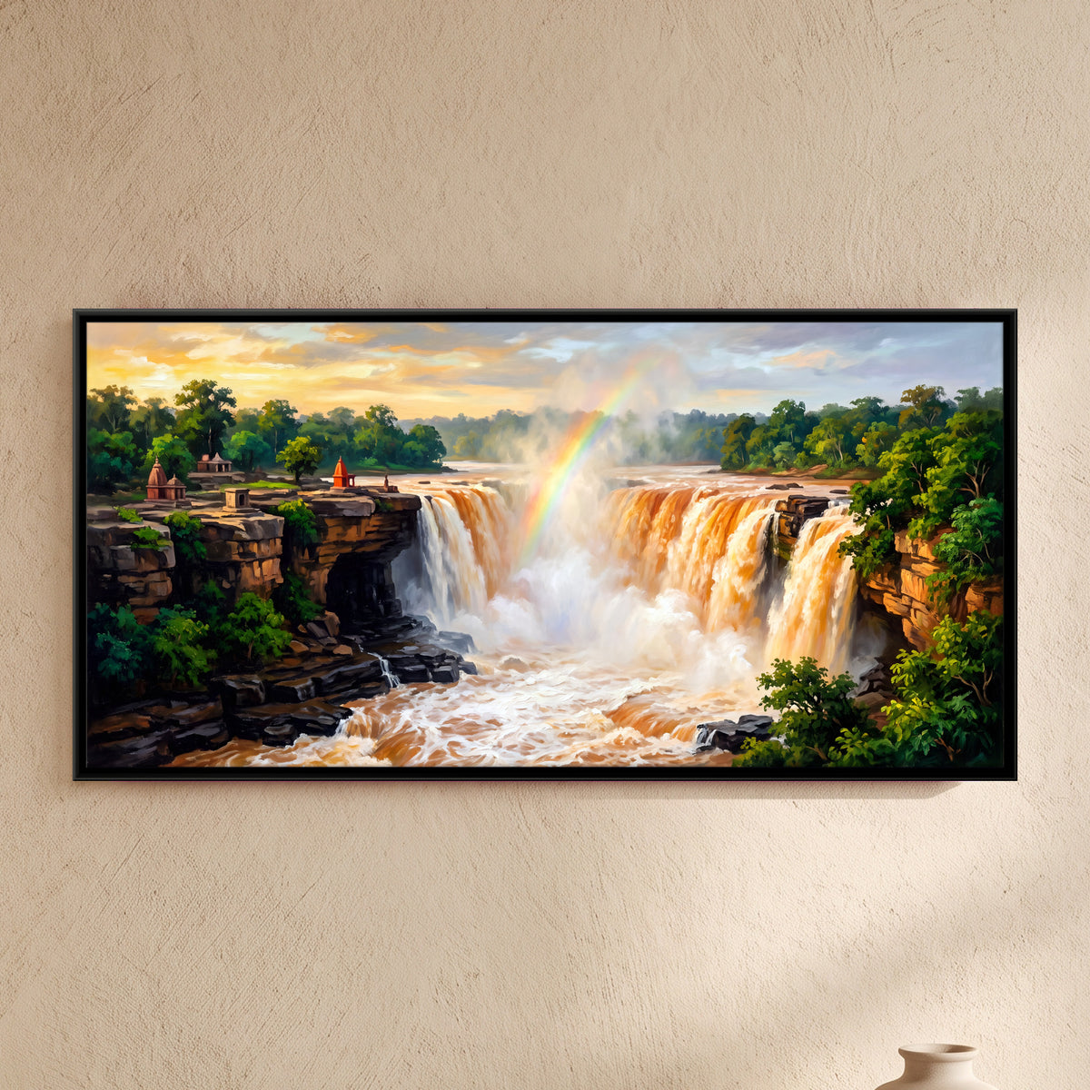 Waterfall with Cliff Temples - framed canvas art hung on a wall