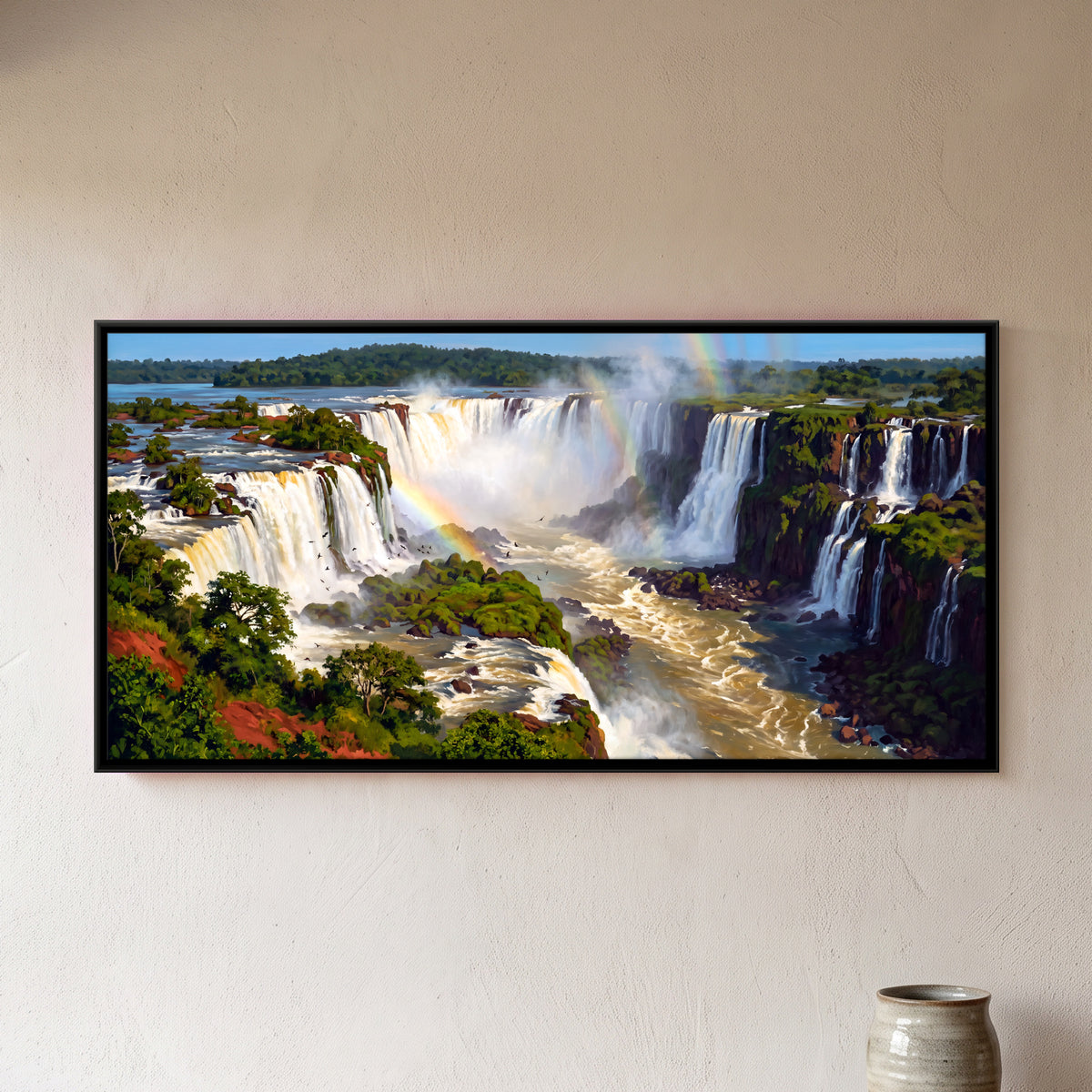 Curving Falls with a Rainbow - framed canvas art hung on a wall