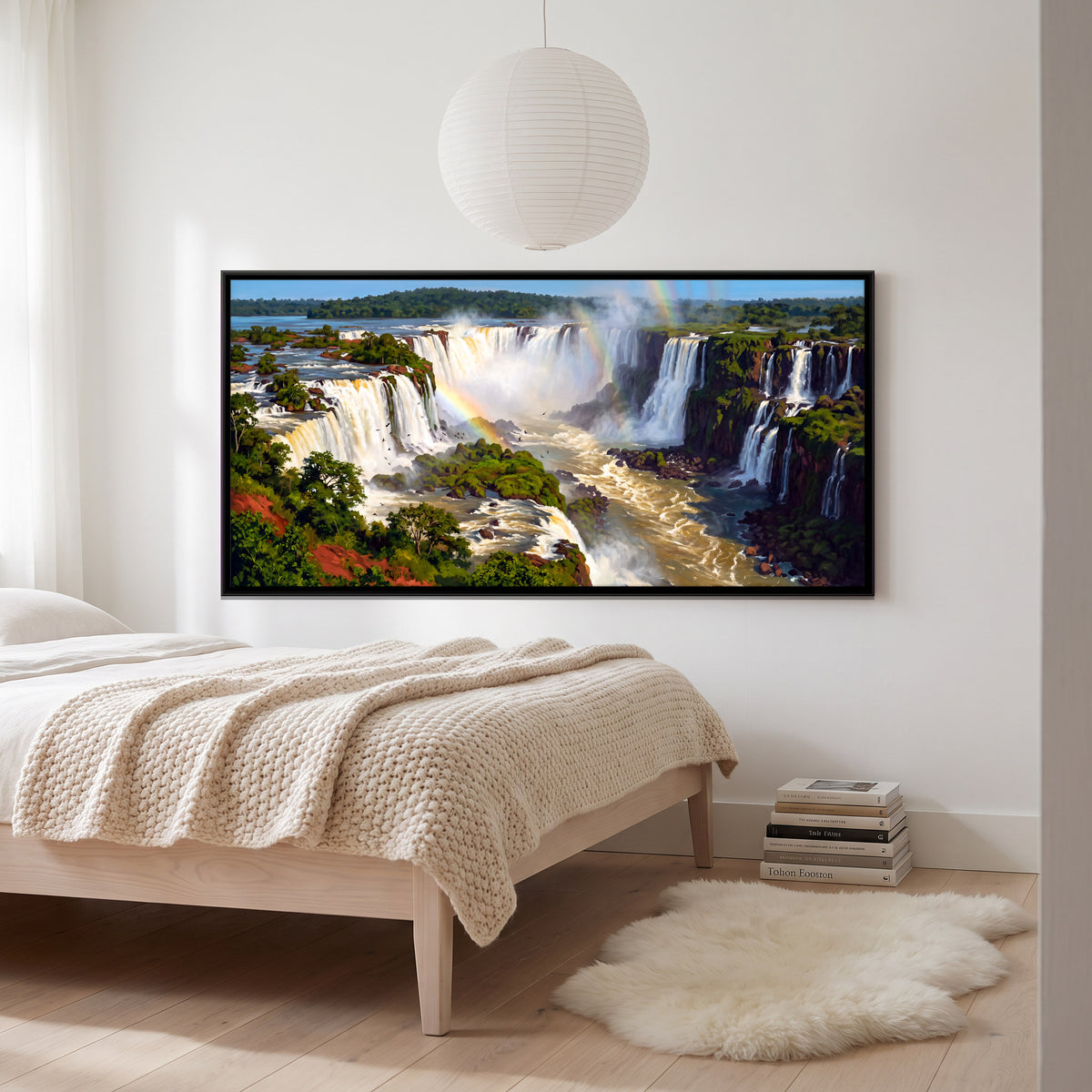 Curving Falls with a Rainbow - canvas art shown in a second room setting