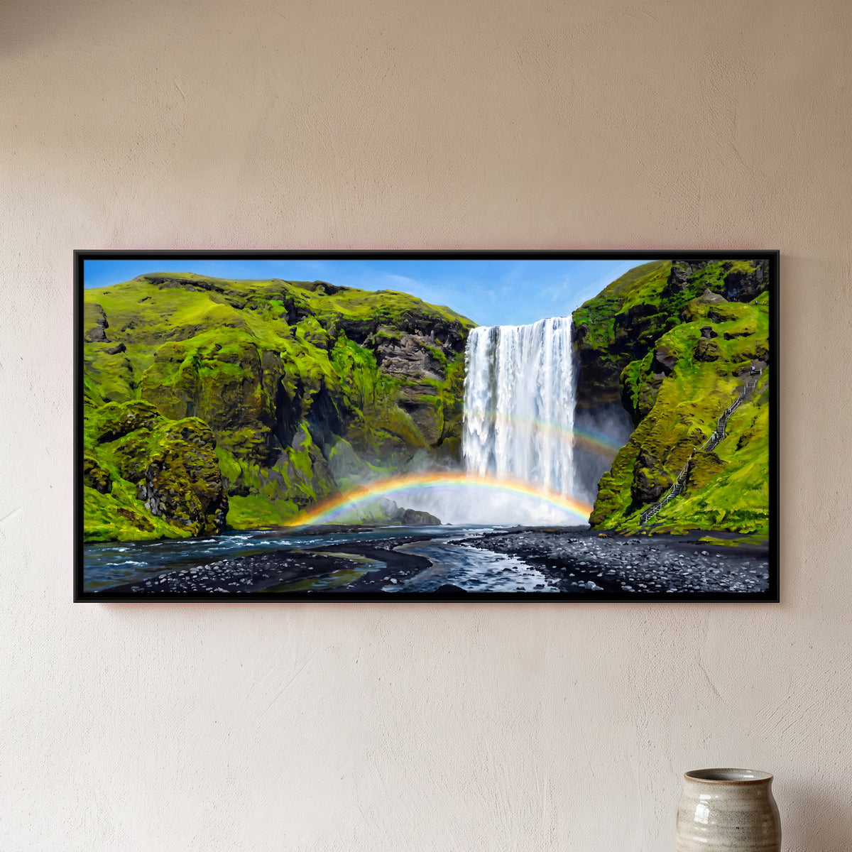 Waterfall with a Double Rainbow - framed canvas art hung on a wall
