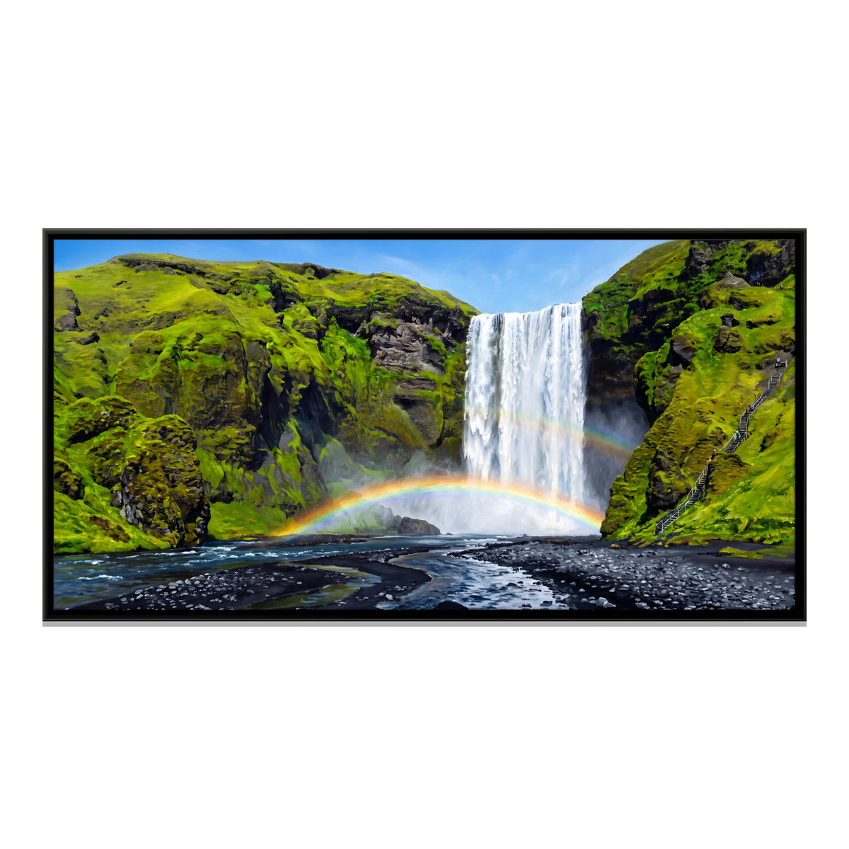 Waterfall with a Double Rainbow - framed canvas print, front view