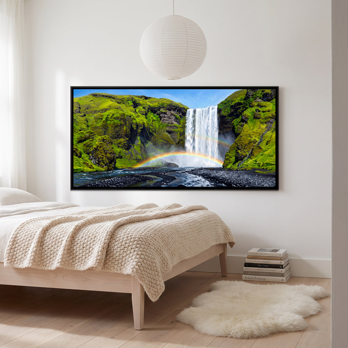Waterfall with a Double Rainbow - canvas art shown in a styled room