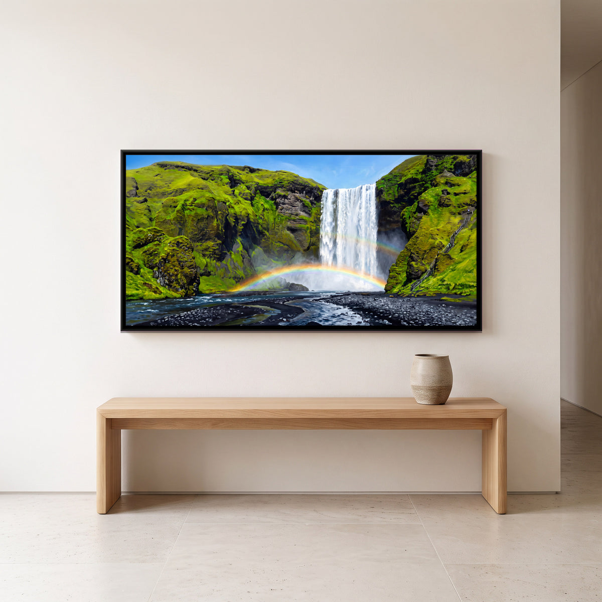 Waterfall with a Double Rainbow - canvas art shown in a second room setting