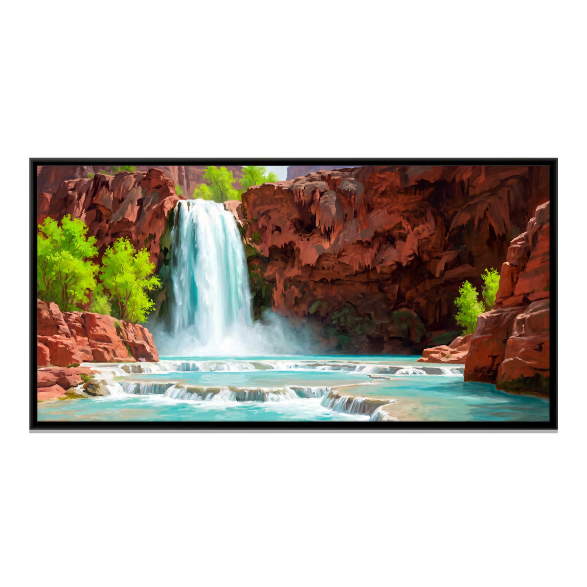 Waterfall in a Red Canyon - framed canvas print, front view