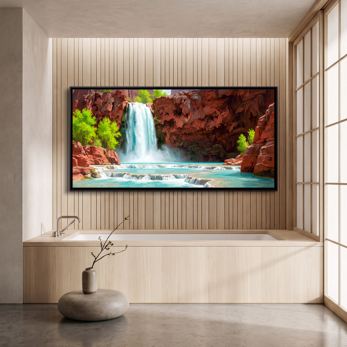 Waterfall in a Red Canyon - canvas art shown in a second room setting