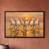Seven White Horses Running in Shallow Water at Sunset