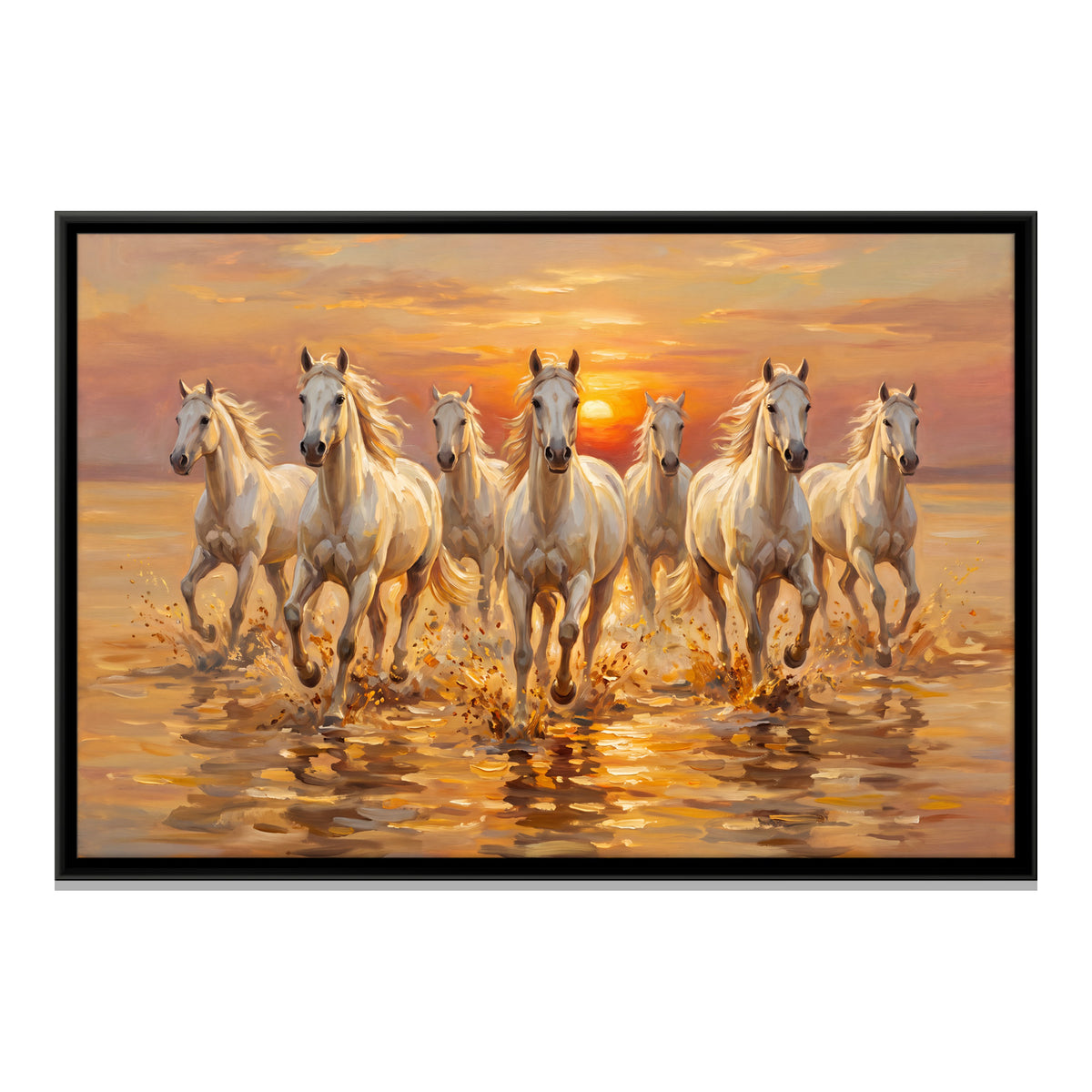 Seven White Horses in Shallow Water - framed canvas print, front view