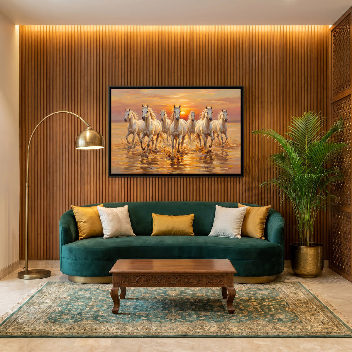 Seven White Horses in Shallow Water - canvas art shown in a styled room