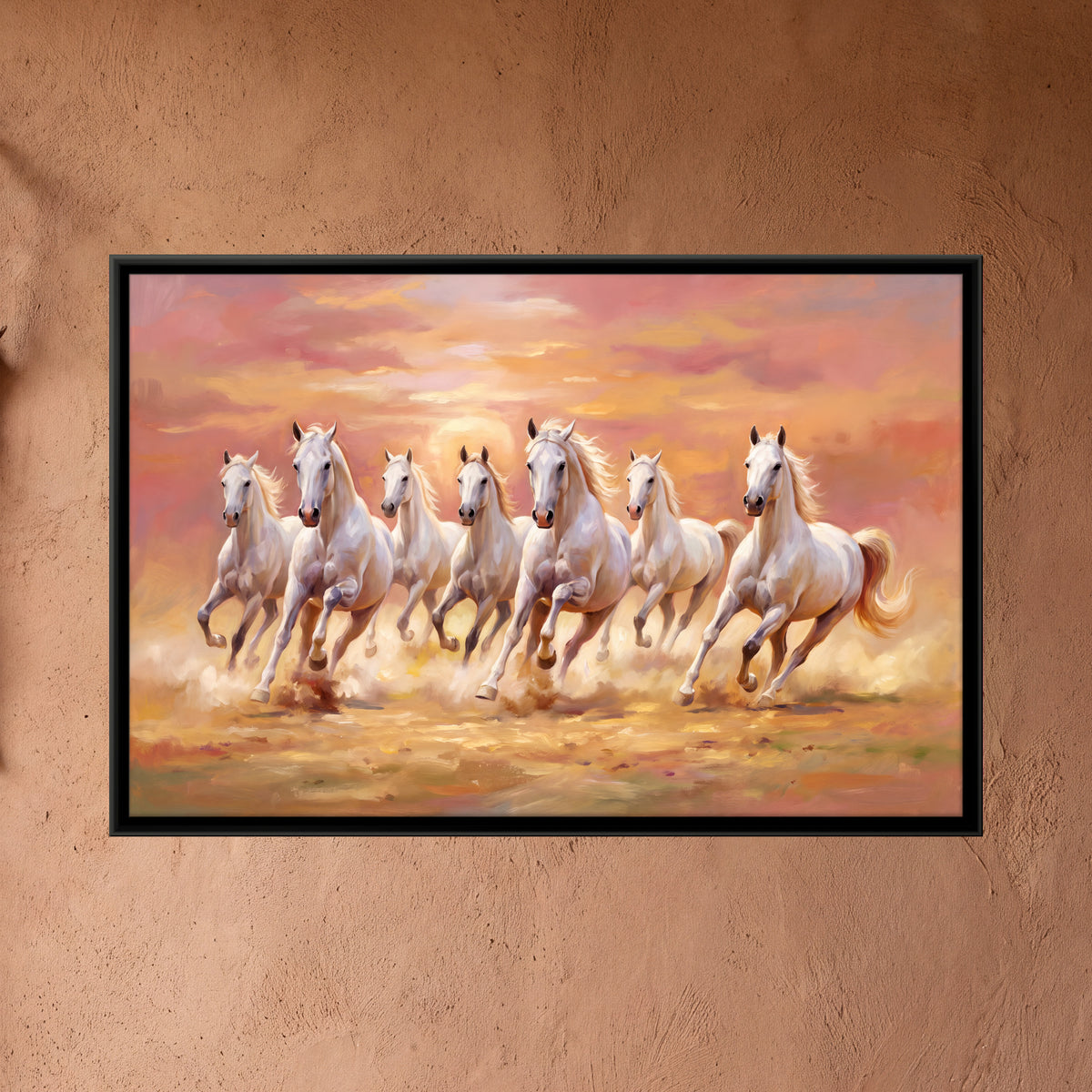 Seven White Horses at Sunset - framed canvas art hung on a wall