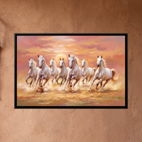 Seven White Horses Running on Sandy Ground at Sunset