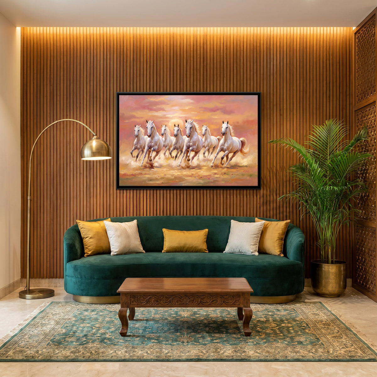 Seven White Horses at Sunset - canvas art shown in a styled room
