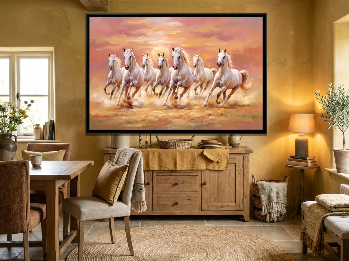 Seven White Horses at Sunset - canvas art shown in a second room setting