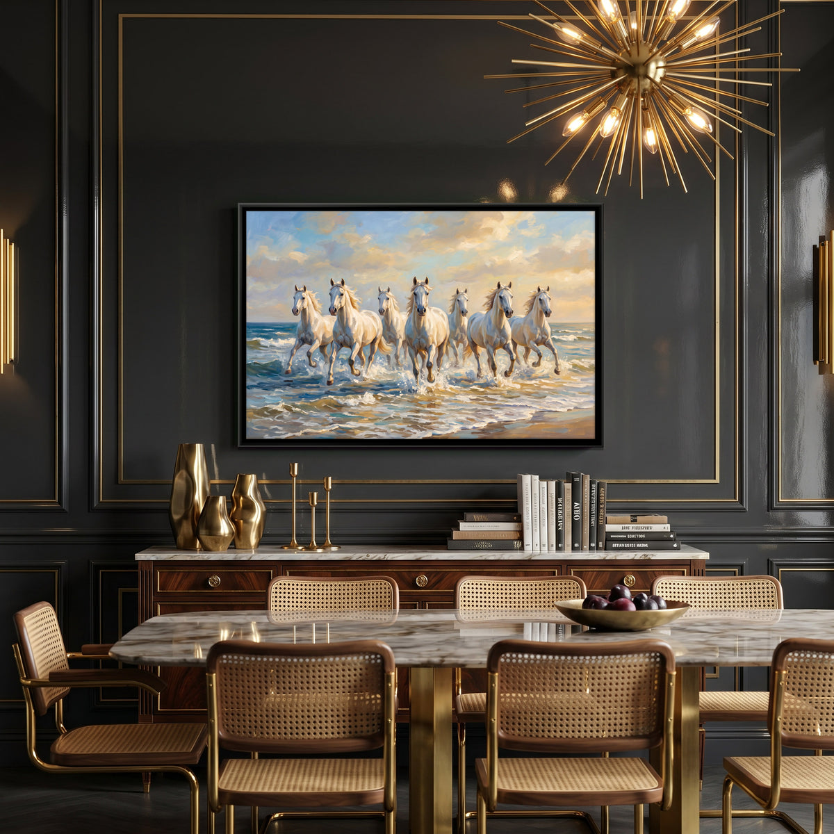 Seven White Horses in the Sea - canvas art shown in a styled room