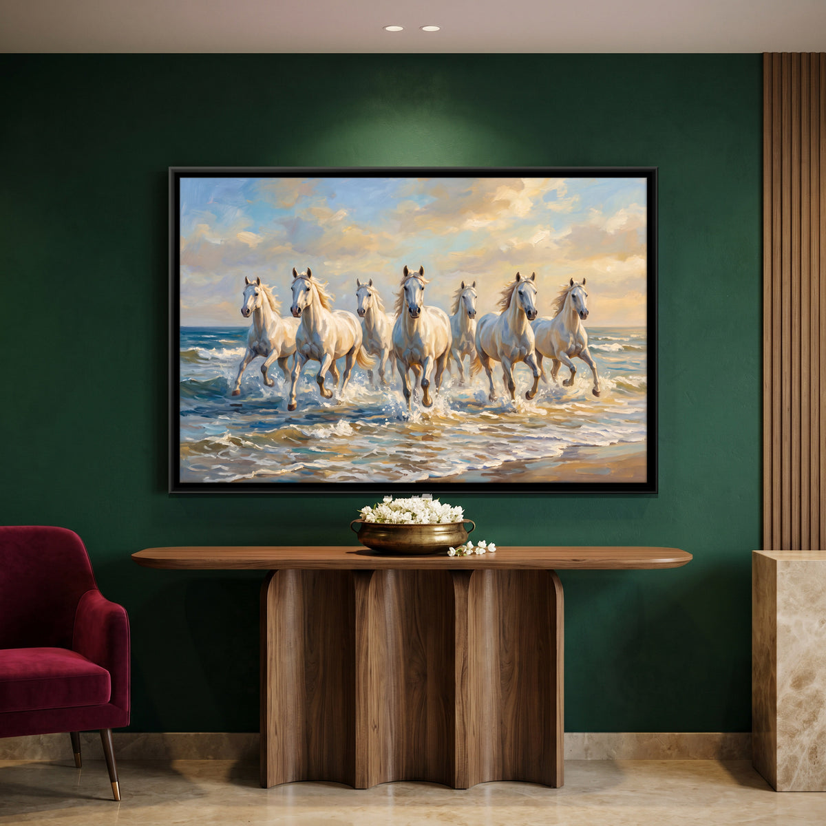 Seven White Horses in the Sea - canvas art shown in a second room setting