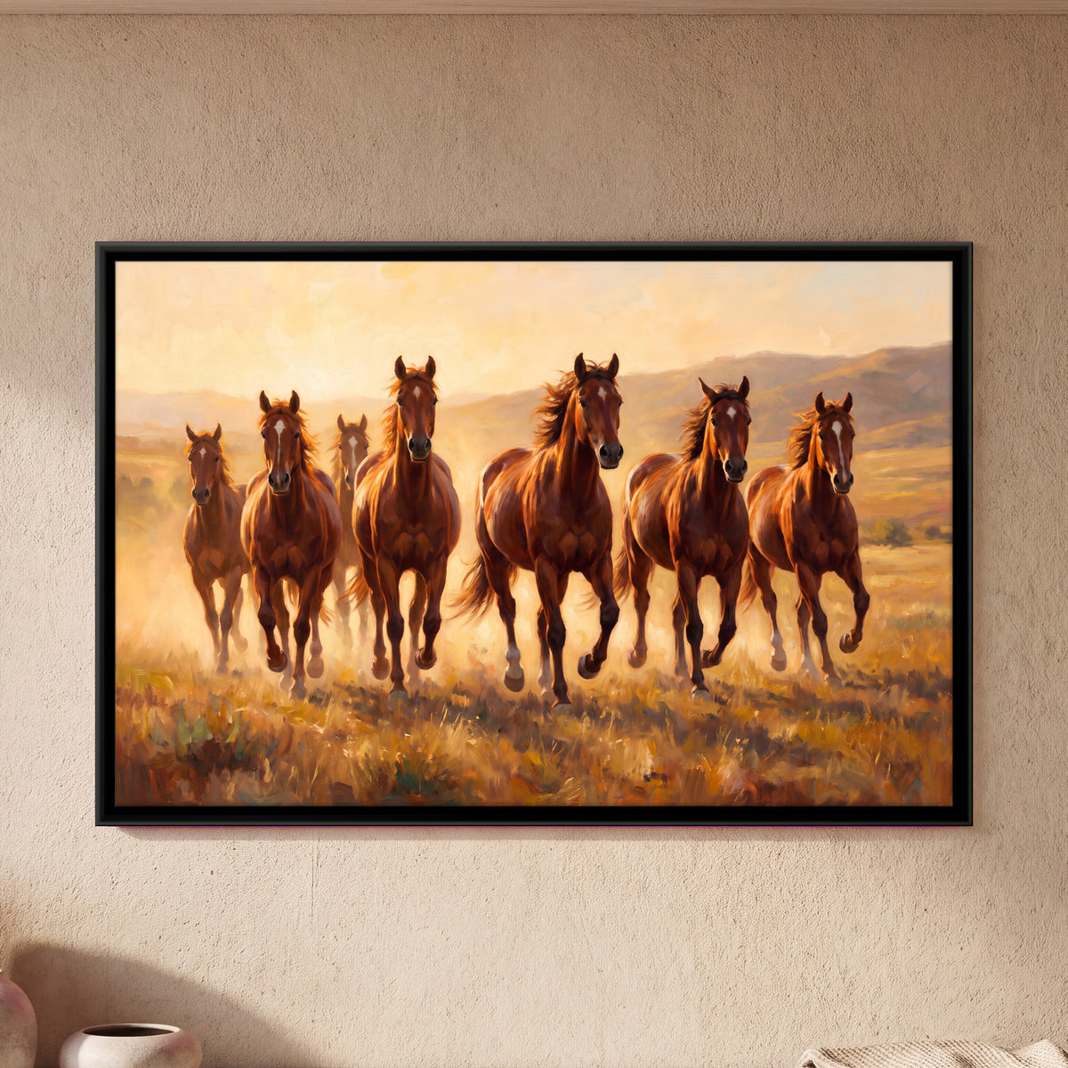 Seven Brown Horses in Golden Grassland - framed canvas art hung on a wall