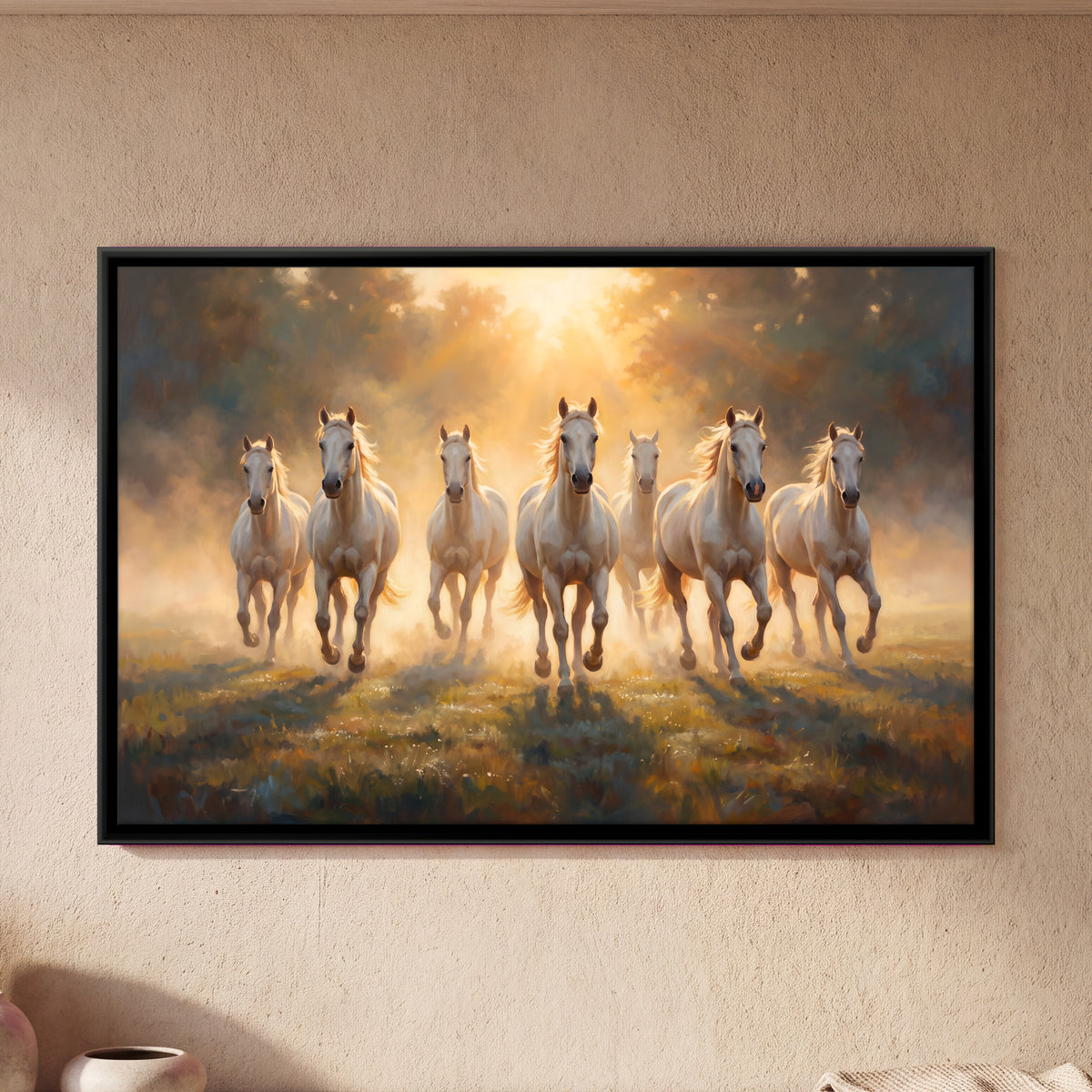 Seven White Horses in Golden Light - framed canvas art hung on a wall