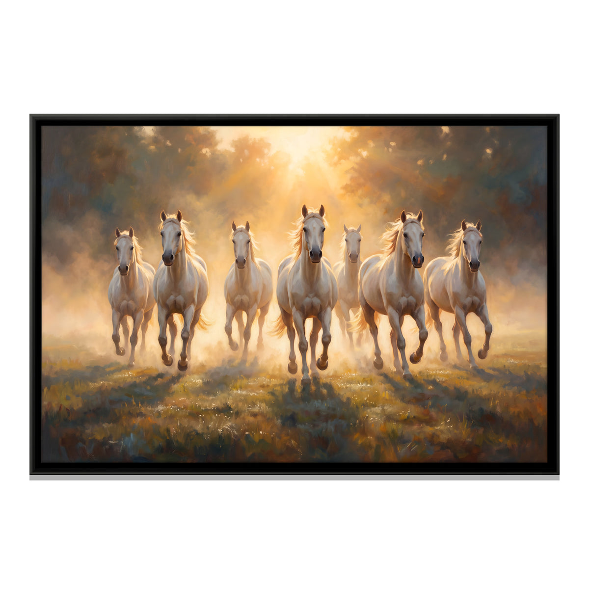 Seven White Horses in Golden Light - framed canvas print, front view