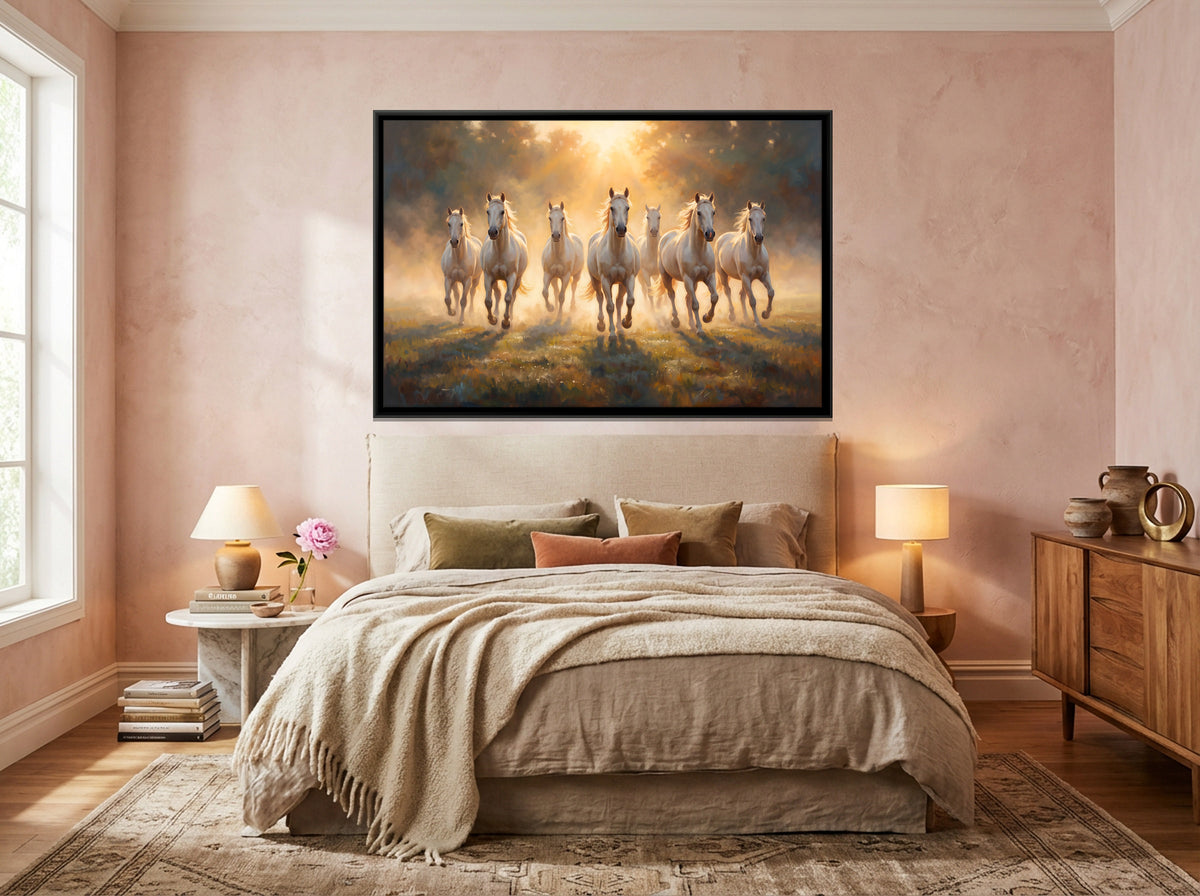 Seven White Horses in Golden Light - canvas art shown in a styled room