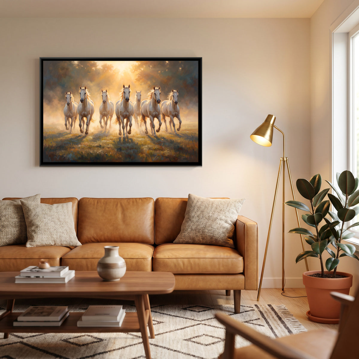 Seven White Horses in Golden Light - canvas art shown in a second room setting