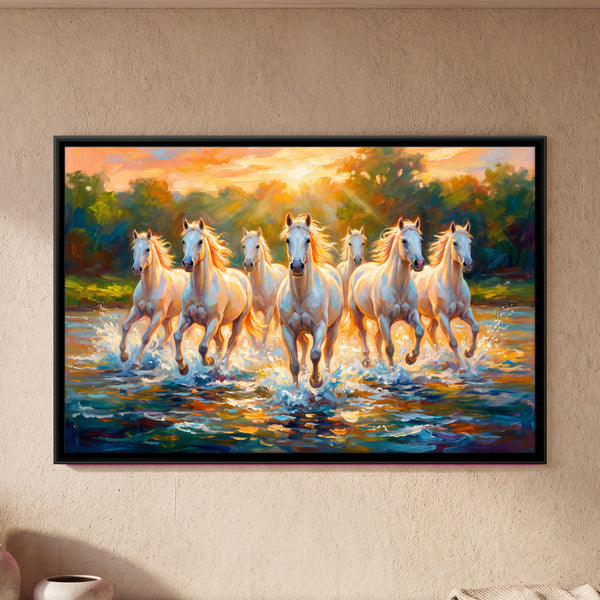 Seven White Horses Splashing Across a River