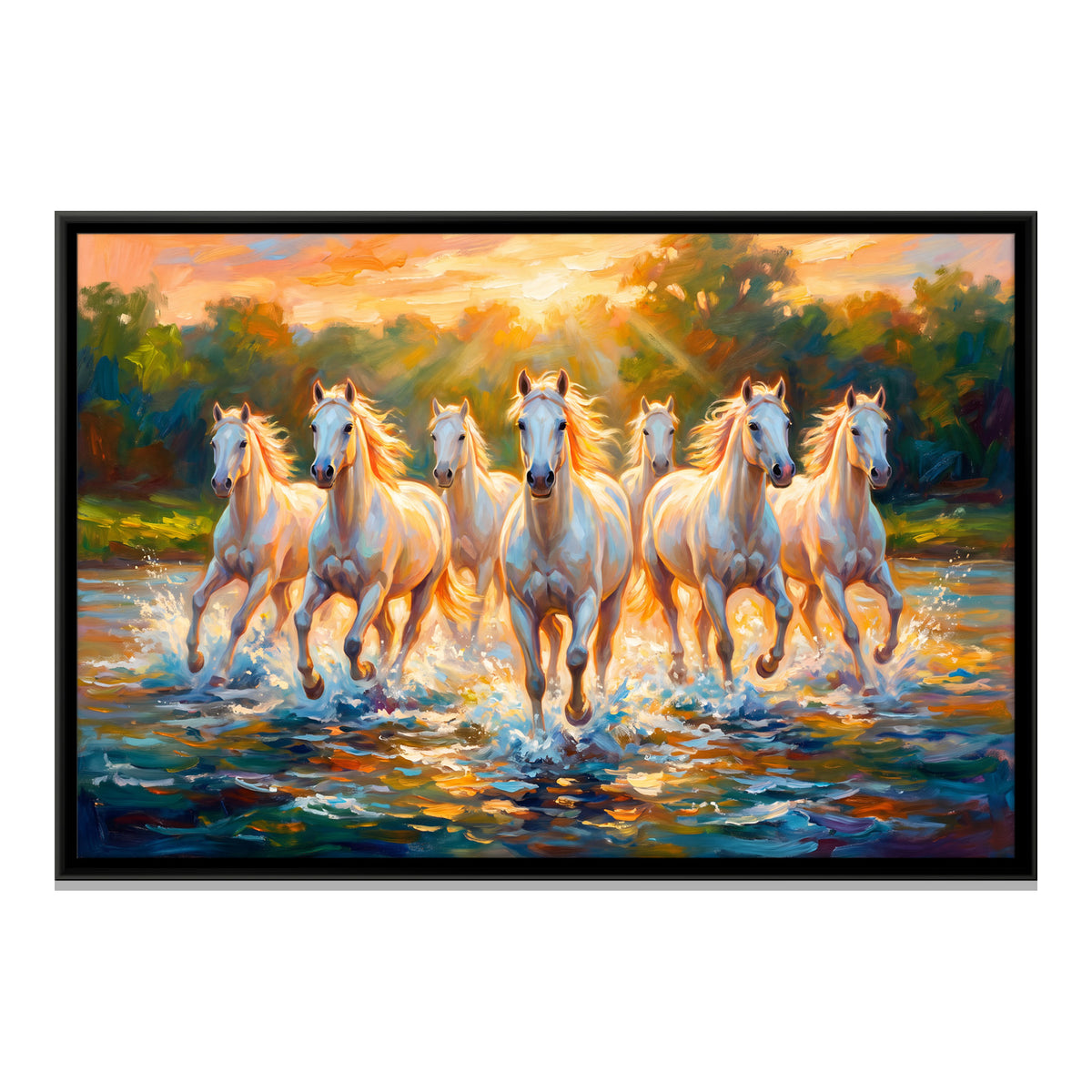 Seven White Horses Crossing a River - framed canvas print, front view