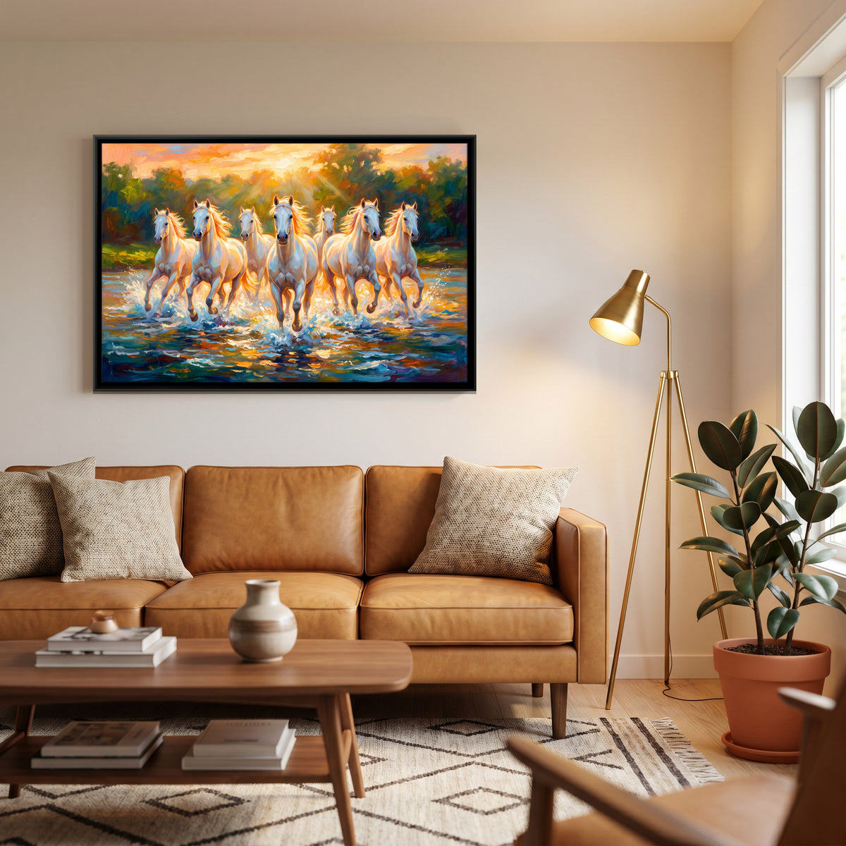 Seven White Horses Crossing a River - canvas art shown in a second room setting