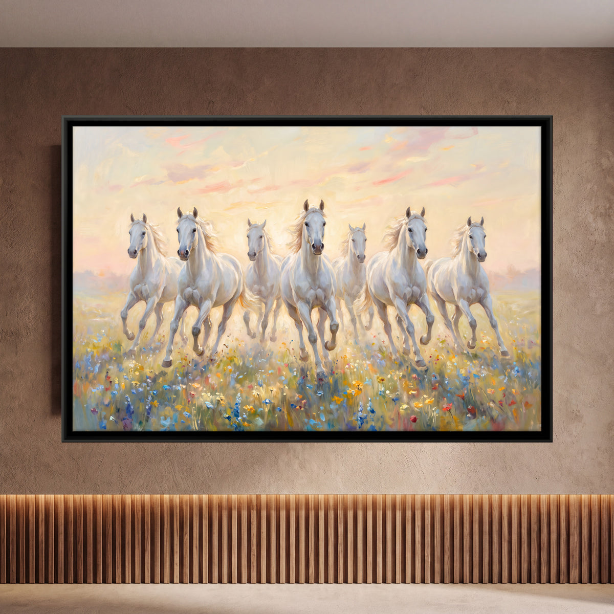 Seven White Horses in a Flower Meadow - framed canvas art hung on a wall