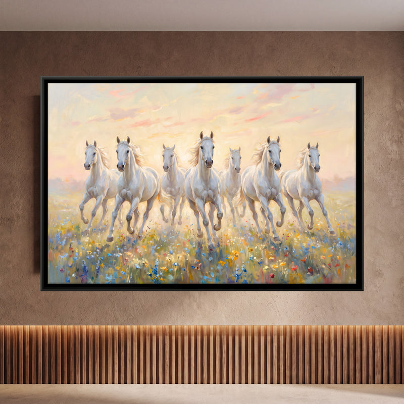 Seven White Horses in a Flower Meadow - framed canvas art hung on a wall