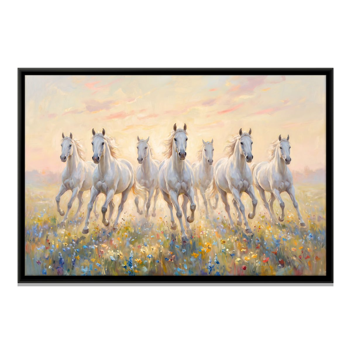 Seven White Horses in a Flower Meadow - framed canvas print, front view