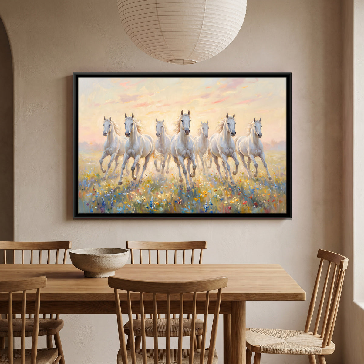 Seven White Horses in a Flower Meadow - canvas art shown in a styled room