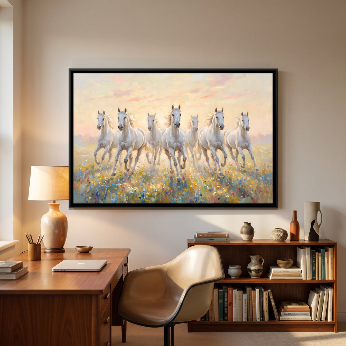Seven White Horses in a Flower Meadow - canvas art shown in a second room setting