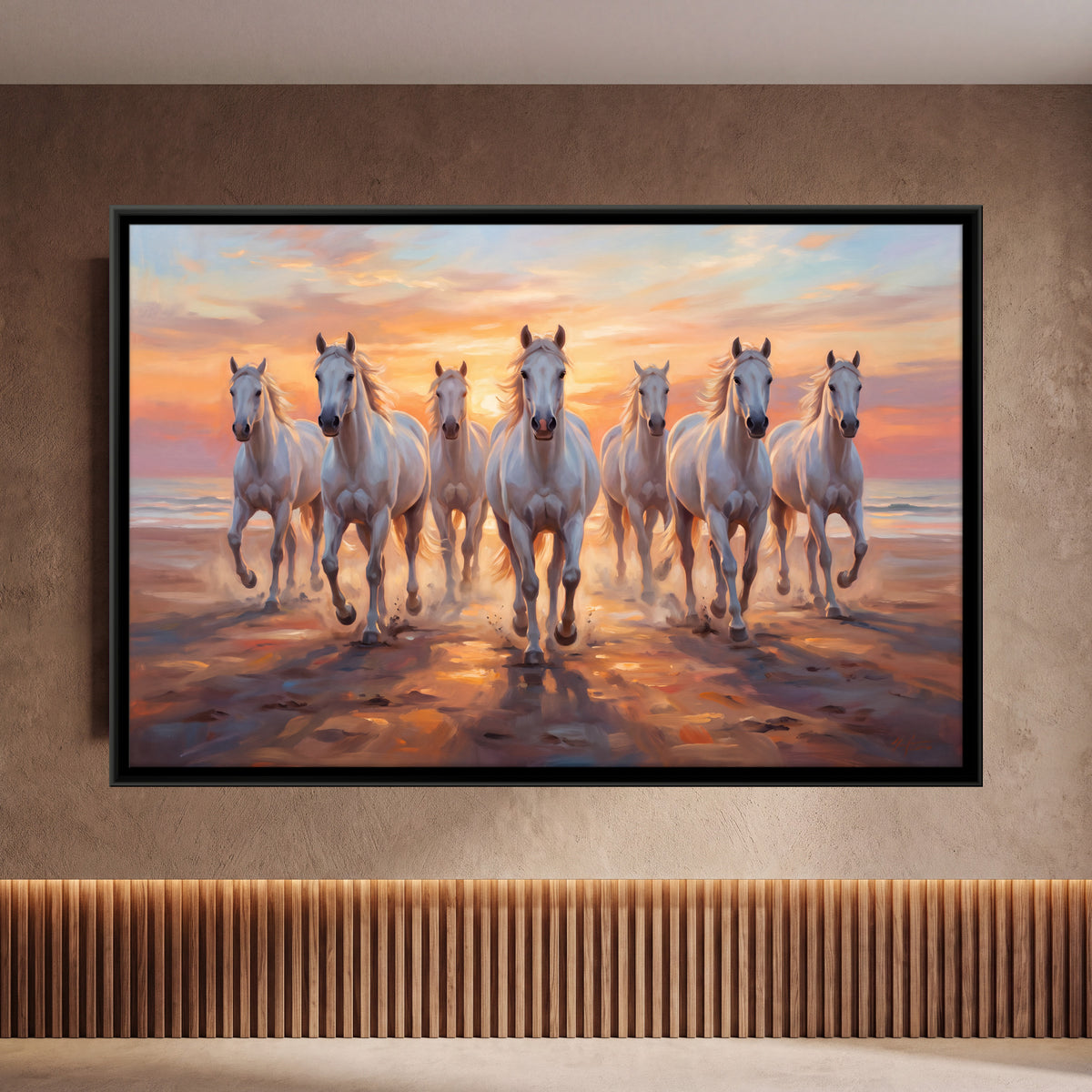 Seven White Horses on the Beach - framed canvas art hung on a wall