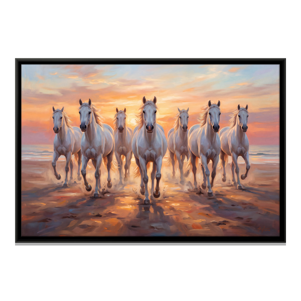 Seven White Horses on the Beach - framed canvas print, front view