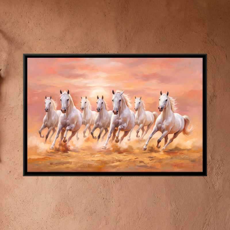 Seven White Horses at Sunset - framed canvas art hung on a wall