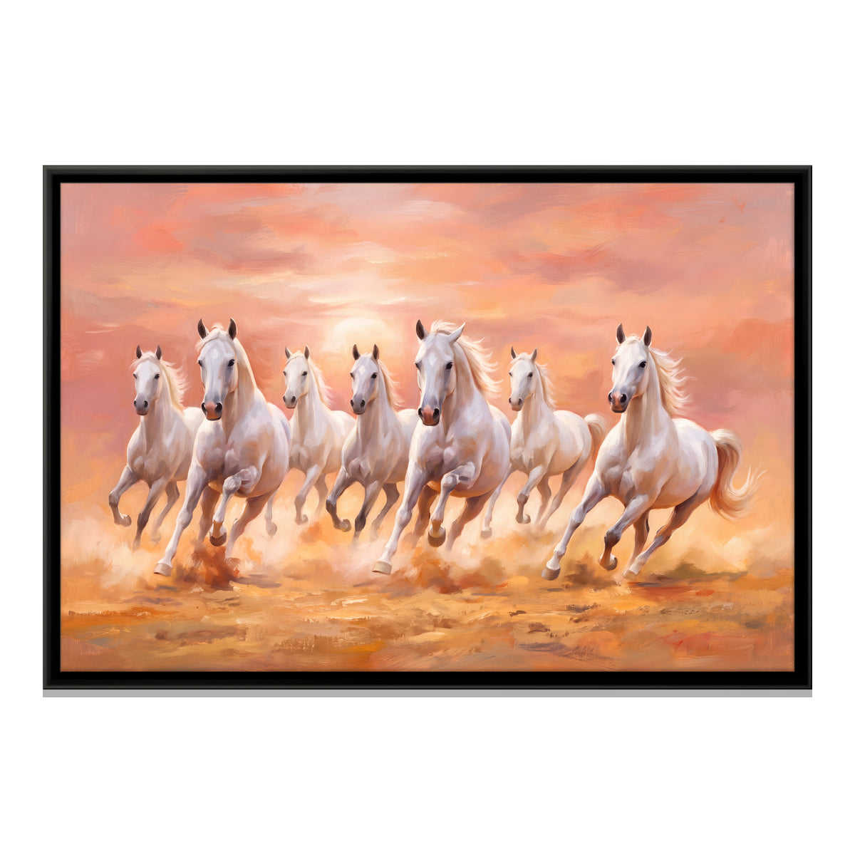 Seven White Horses at Sunset - framed canvas print, front view