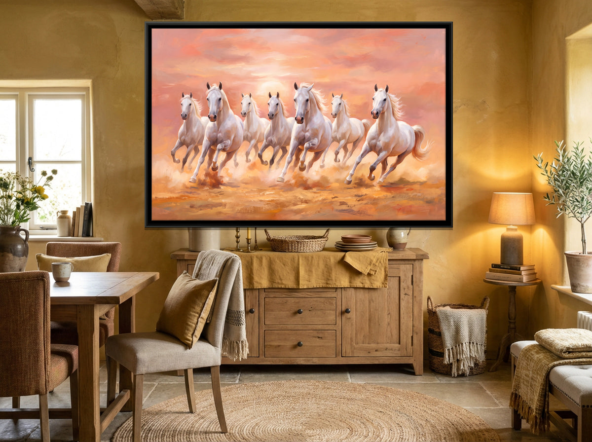 Seven White Horses at Sunset - canvas art shown in a second room setting