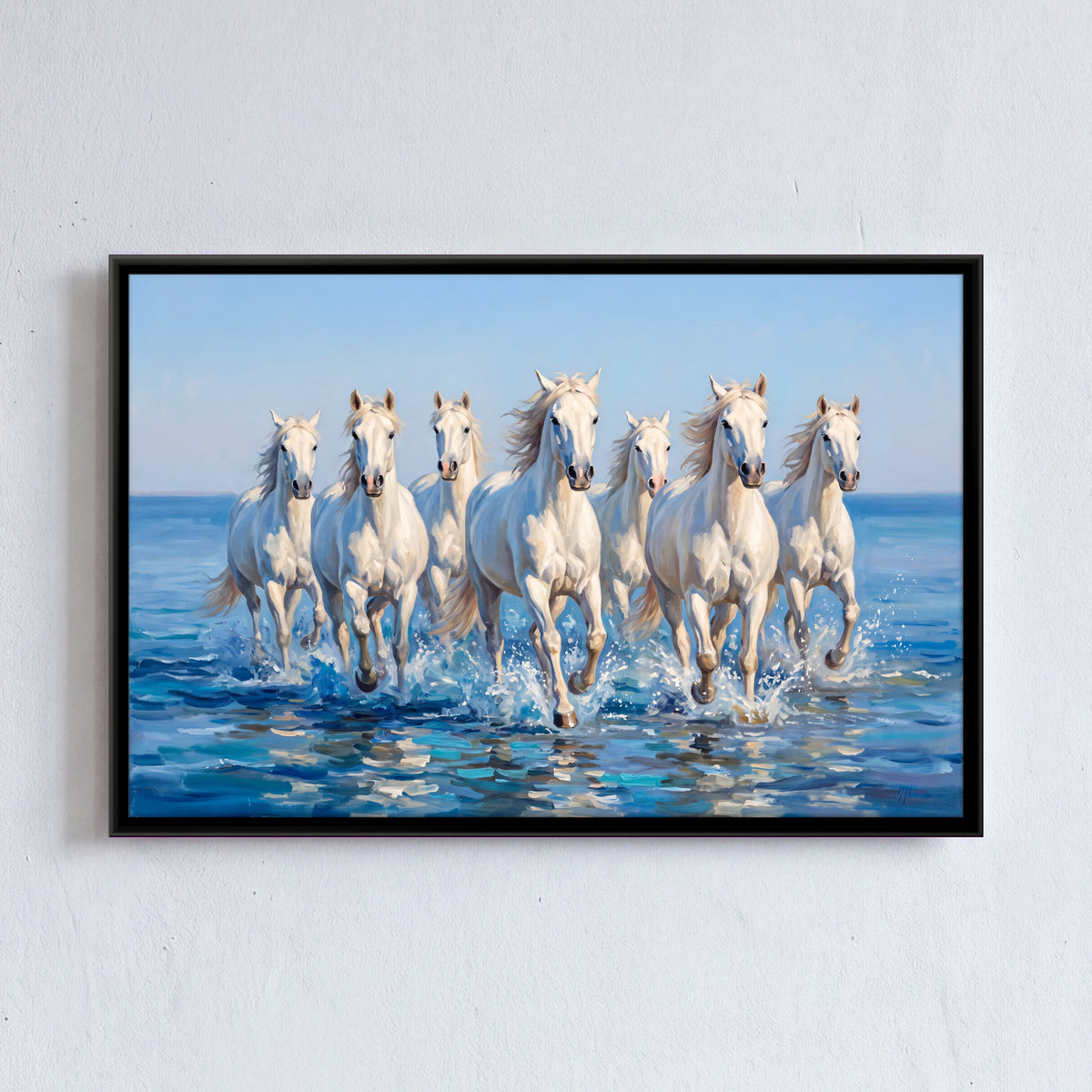 Seven White Horses in the Sea - framed canvas art hung on a wall