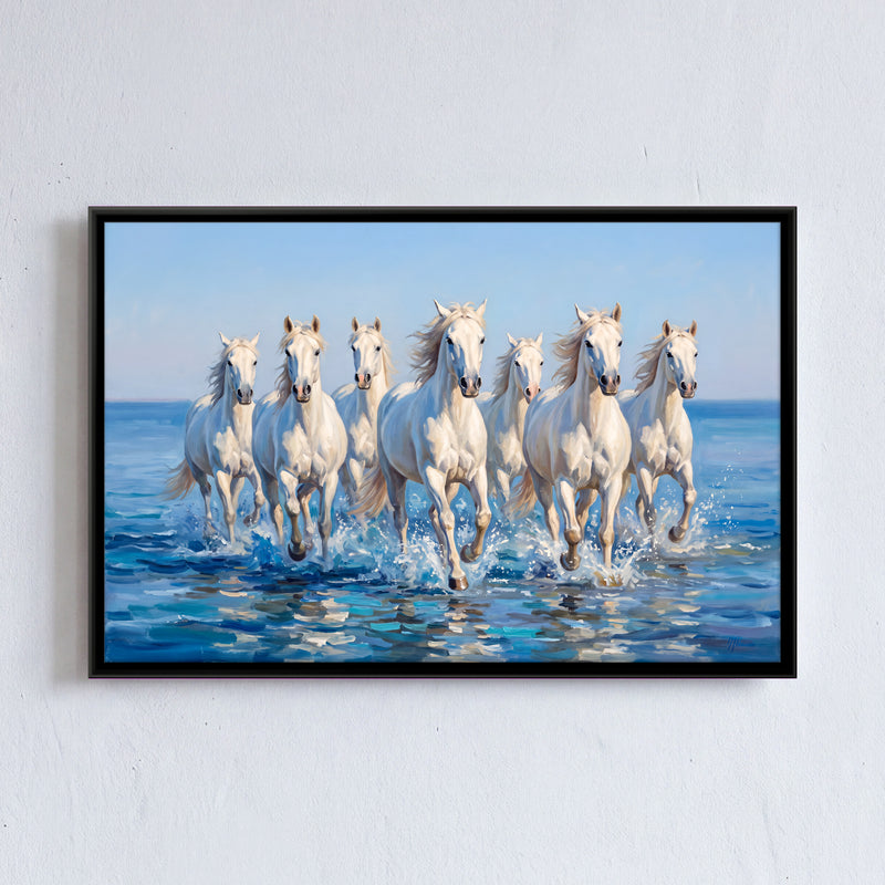 Seven White Horses in the Sea - framed canvas art hung on a wall