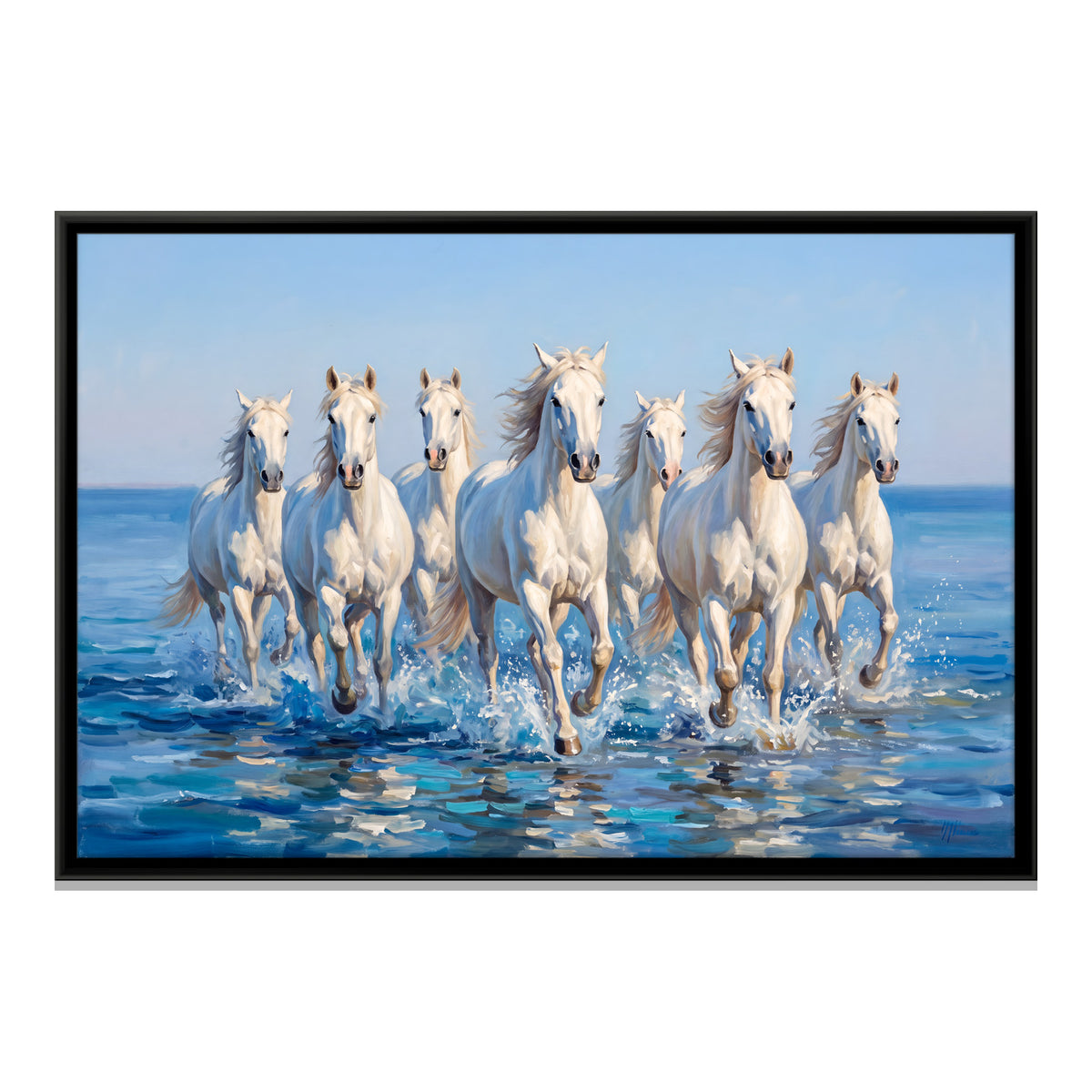 Seven White Horses in the Sea - framed canvas print, front view