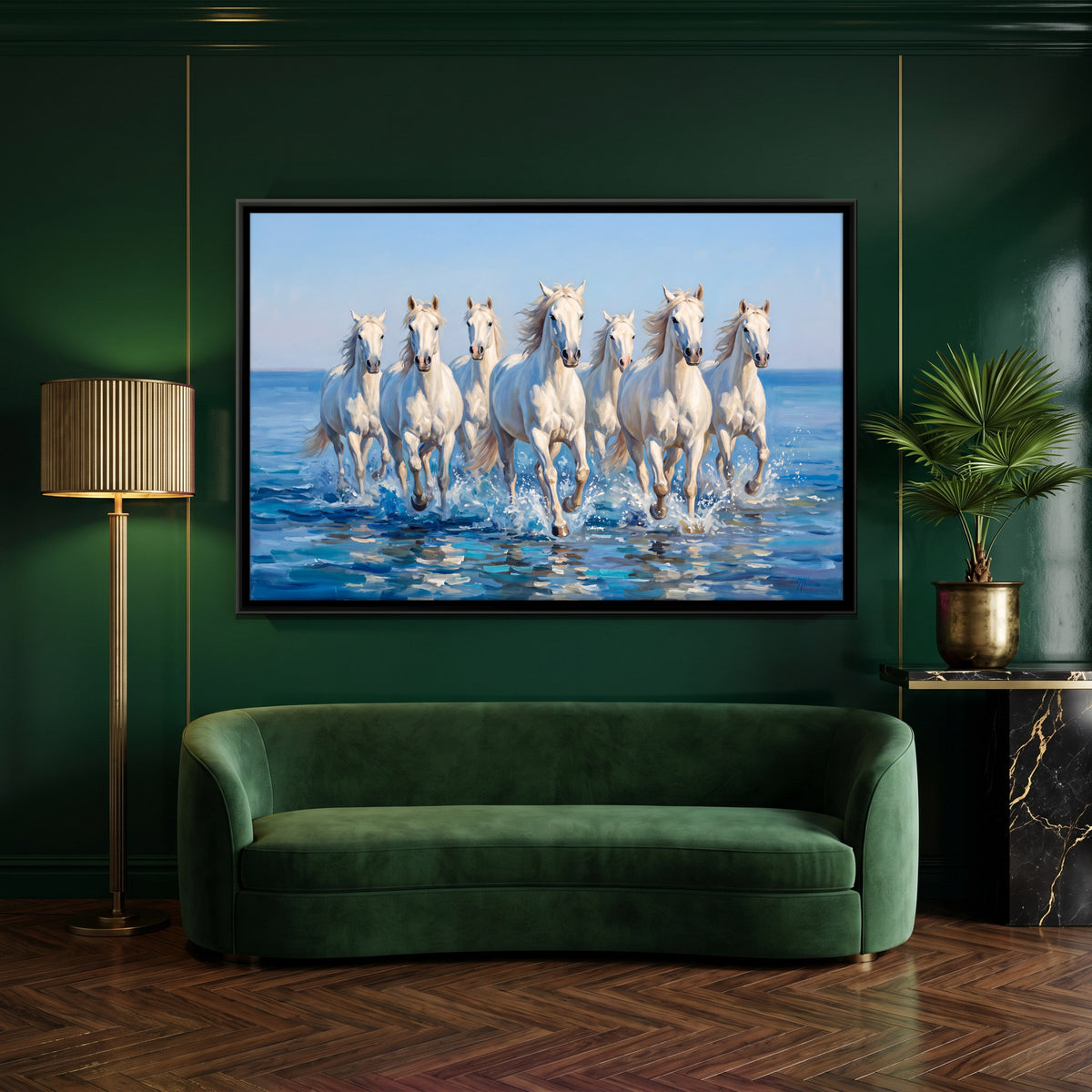 Seven White Horses in the Sea - canvas art shown in a styled room