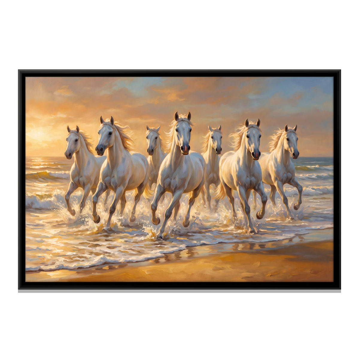 Seven White Horses in the Sea - framed canvas print, front view