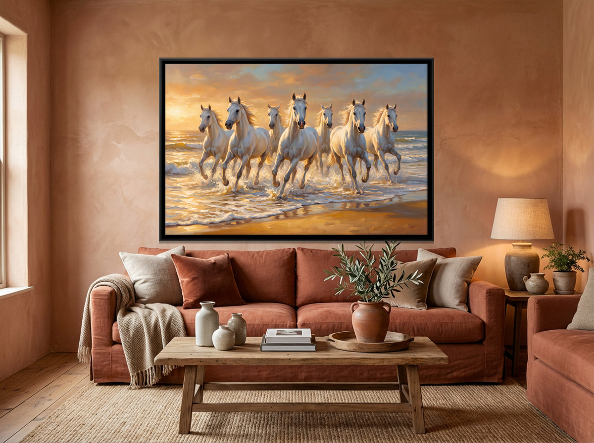 Seven White Horses in the Sea - canvas art shown in a styled room