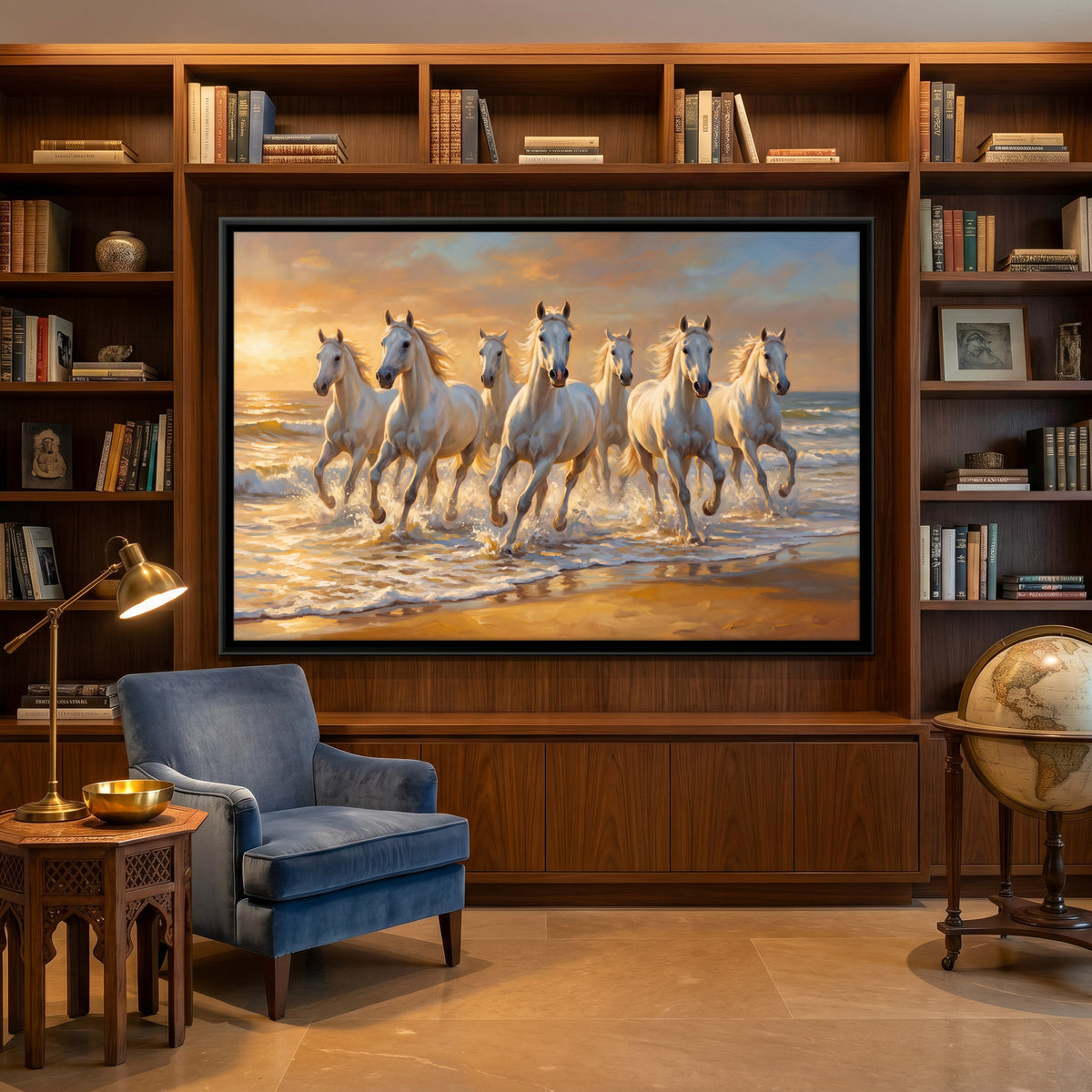 Seven White Horses in the Sea - canvas art shown in a second room setting