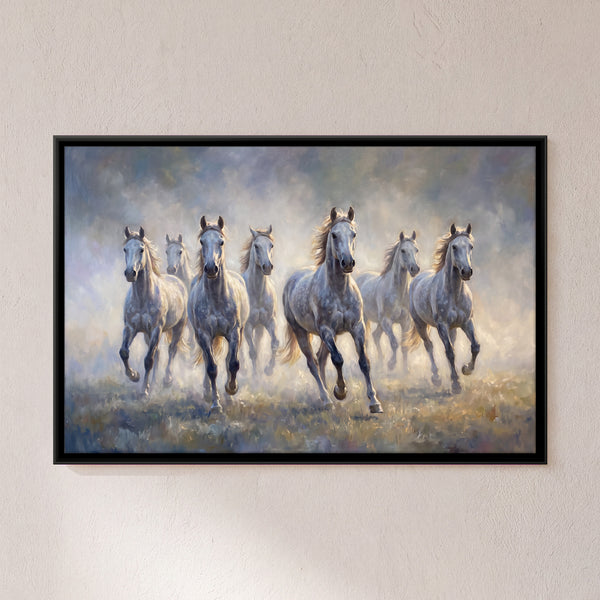 Seven Grey Horses Running in Mist